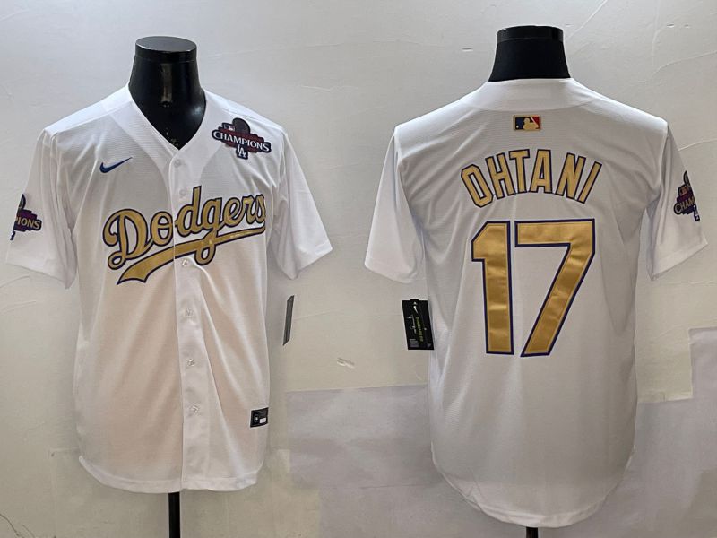 Men Los Angeles Dodgers 17 Ohtani White Champion gold character 2025 Nike MLB Jersey style 20